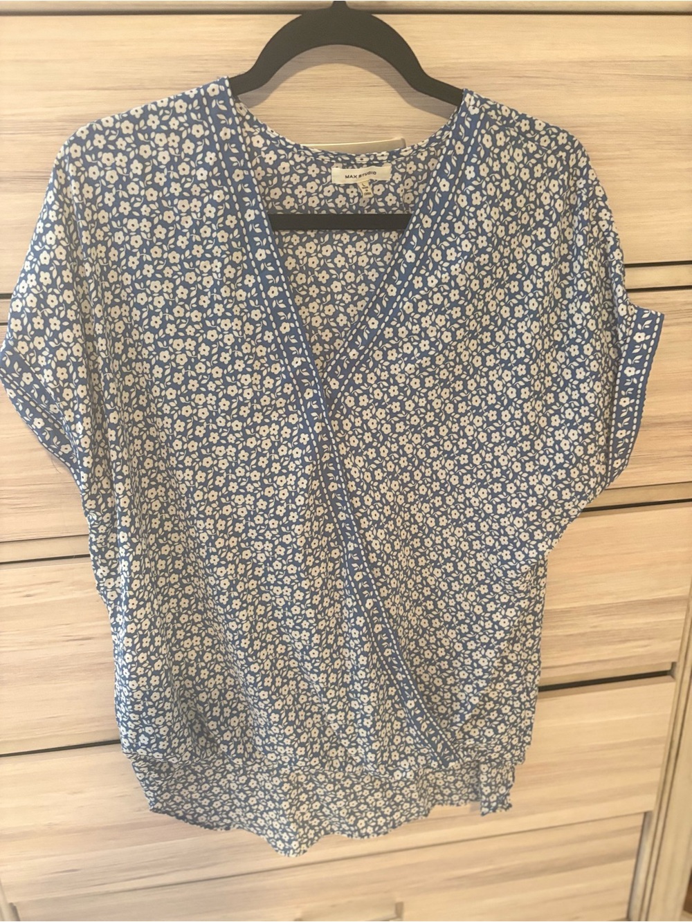 Max Studio Blue and White Floral Wrap Blouse